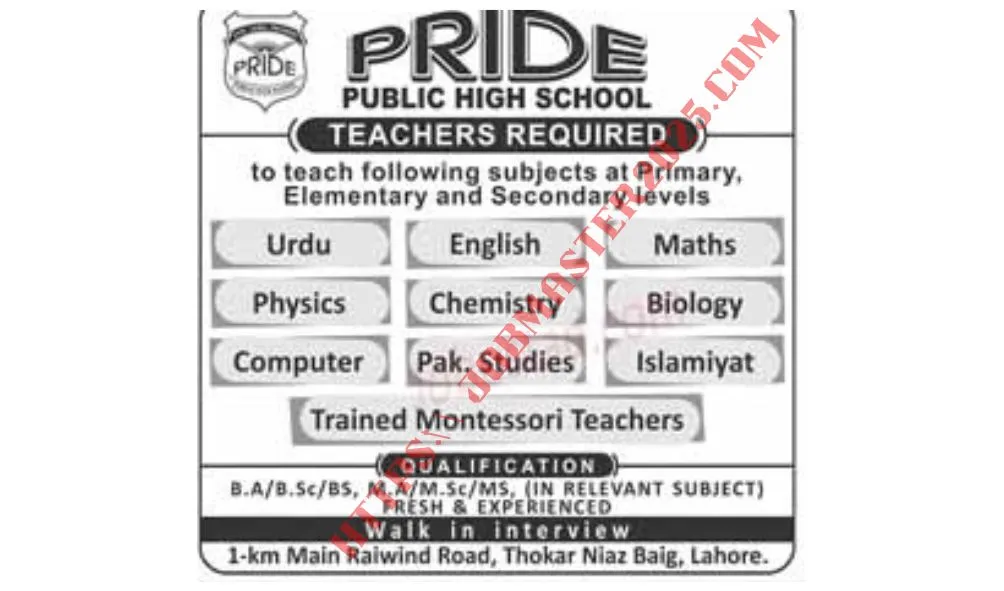 Pride Public High School Job in Lahore